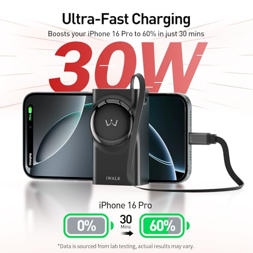 Image of iWALK Portable Charger, 10,000mAh 30W Max Compact Power Bank, Travel Essential Phone Battery Pack with 2.3 ft Retractable Cable for iPhone 17 /16 Series, iPad, Galaxy, Pixel, and More