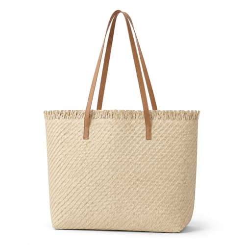 Image of Woodland Leathers Womens Beach Bag, Large Paper Straw Beach Bag, Woven Summer Tote Shoulder Shopper Handbag with PU Leather Straps Lightweight Open Top Holiday Bag (Beige, Large)