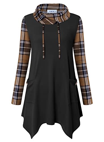 Amrto Blusen Tunika Damen Turtleneck Longpullover mit Asymmetrischem Saum Langarm Shirts Lange Oversize Patchwork Pullover Sweatshirts mit Taschen...