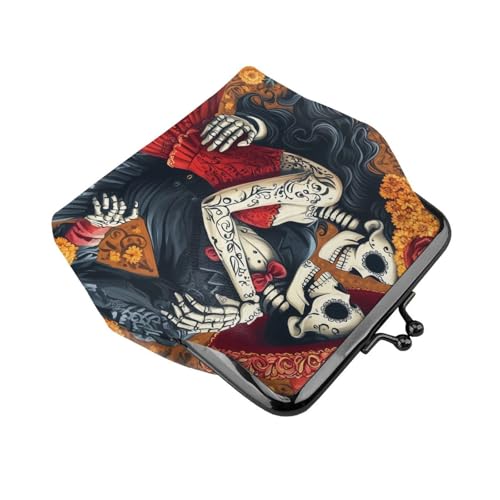 Pu Leather Buckle Coin Purse Marigold-Romantic-Dead-Skeletons Girls Kiss-Lock Change Purse Wallets3