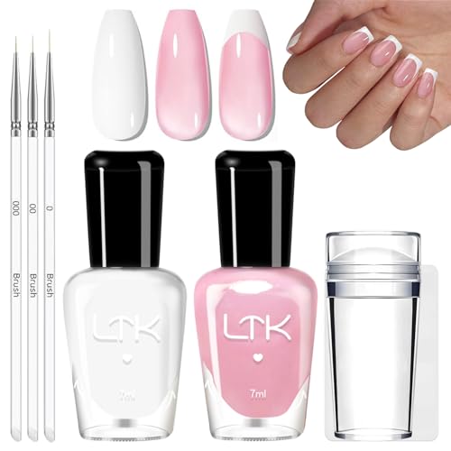 Juego de esmalte de uñas francés: secado rápido y duradero, esmalte de uñas rosa con sello de uñas y pincel fino para decoración de uñas, esmalte de uñas no tóxico a base de agua para manualidades
