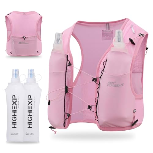 HIGH EXPERIENCE Running Vest Lightweight Packable Trail Hydration with 2 17oz Soft Flask Jogging Marathon Cycling Hiking for Women Men (Pink Medium)