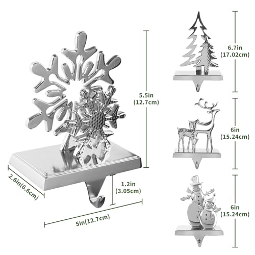 Christmas Stocking Holders for Mantel Set of 4, Stocking Hangers Reindeer Snowman Christmas Tree Snowflake Metal for Fireplace Mantel Holiday Christmas Decorations Stocking Hanger Hook - Silver