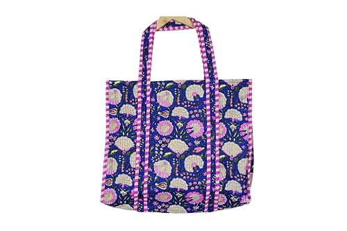 Image of Quilted Cotton Handprinted Reversible Large multicolor Floral Tote Bag,Hand Block Print Shopping Shoulder Carry Bag