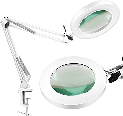 LANCOSC Magnifying Glass Desk Lamp with Clamp - White/Warm White Lighted 5-Diopter Magnifier Lens - Adjustable Metal Swivel Arm LED Light for Reading, Crafts, Professional Tasks (White)