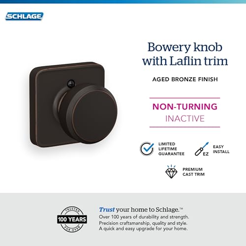 Image of Schlage F170 BWE 716 LFL Bowery Door Knob with Laflin Trim, One-Sided Non-Turning Dummy Handle, Aged Bronze