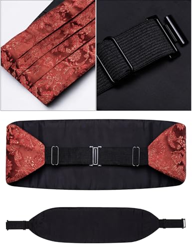 Image of Paisley Floral Tuxedo Cummerbund Bow Tie Pocket Square Set for Men | 3-piece set:cummerbund,bow tie&pocket square.Adjustable back for comfort.Silk blend,wedding,proms,black tie&formal events.