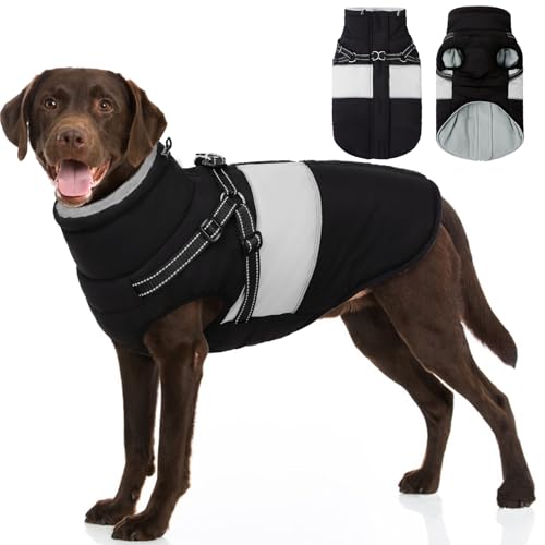 Image of Dog Coat for Large Dogs, Warm Pet Jacket Winter with Harness Built in, Waterproof Pet Snow Jacket with Furry Collar, Reflective Fleece Snowsuit for Extra Large Dogs, Black XL