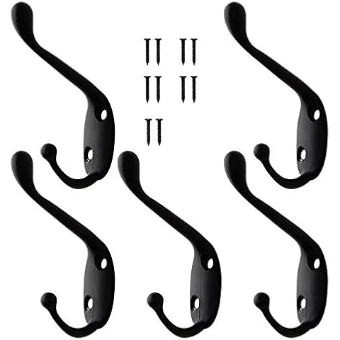 5 PCS Individual Vintage Antique Coat Hooks Wall Mounted Decorative Clothes Hat Hooks Double Prong Robe Hooks Single Screw In Door Hooks For Kitchen Bedroom Wall Bathroom Garage Hanging With Screws Cover