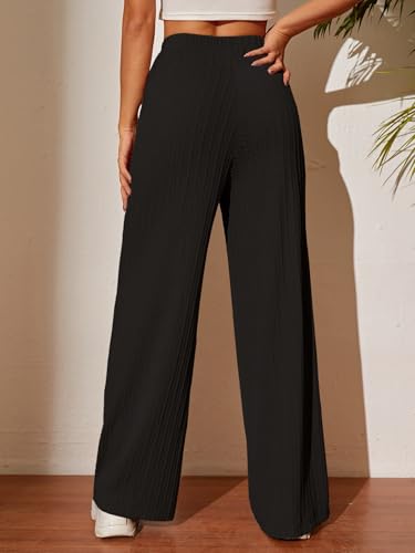 Image of TOPLOT Ribbed Knit Trousers for Woman | High Waist Wide Leg Palazzo Pants with Elastic Waist | Straight Relaxed Fit Casual, Office, Travel & Lounge Wear (5252)