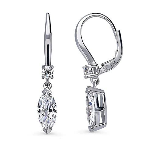 BERRICLE Sterling Silver CZ Solitaire with Side Stones Wedding Leverback Drop Dangle Earrings for Women, Cubic Zirconia - Asscher, Cushion, Heart Shaped, Marquise, Princess Cut2