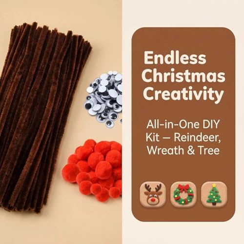 300 Pcs Christmas Brown Pipe Cleaners Set Including 100Pcs Brown Chenille Stems, 100Pcs Self-Sticking Wiggle Googly Eyes and 100Pcs Red Pompoms for Christmas Reindeer Crafts - Image 8