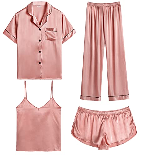 Image of SWOMOG Womens Silk Satin Pajamas Sets 4pcs Sleepwear Sexy Cami Shorts Set and Button Down Short Sleeve Pjs Loungewear Misty Rose X-Small