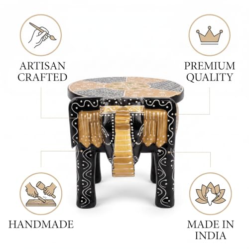 Image of JH Gallery Handcrafted & Hand-Painted Wooden Elephant Decorative Stool, Small Side Table for Living Room, Bedroom, Office & Home Decor, Multipurpose Accent Table (20 cm, 8 Inch)