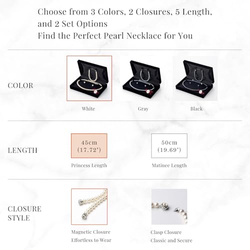 [aniva・organic] Pearl Necklace Set for Women with Necklace, Bracelet, and Stud Earrings [Beautiful Radiance Like Akoya and Freshwater Pearls] [Top Tier Shell Pearls Jewelry Set] [Magnetic Clasp] [Hypoallergenic] [Wedding Bride] Made in Japan 7.5-7.8mm, 45cm, White, Gray, Black3