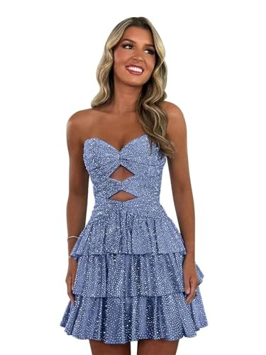 Sparkly Sequin Tiered Homecoming Dresses for Teens 2025 Strapless Mini Prom Dress Cut Out Cocktail Party Dress
