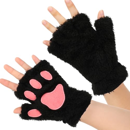 WLLHYF Katzenpfoten Handschuhe Weiche Plüsch fingerlose Katzenfäustlinge Süße Tier Katze Krallen Winterhandschuhe Halloween Weihnachten Cosplay Kostümzubehör(Schwarz)