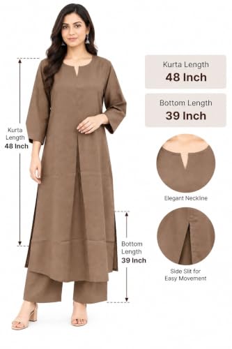 Image of idaLia Rayon Solid Straight Brown Kurta Set for Women with Palazzo 3 /4 Sleeve, Round V Neck Designer Kurta with Palazzo Pant Set