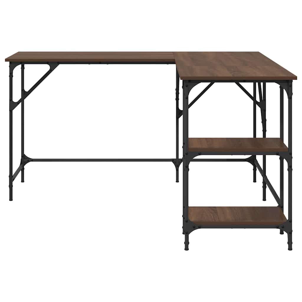 Biurko w kształcie litery L, brązowe, o wyglądzie dębu, 139 x 139 x 75 cm, materiał drewnopochodny z metalową ramą, stolik pod komputer, stół biurowy z regałem, regulowane nogi do biura