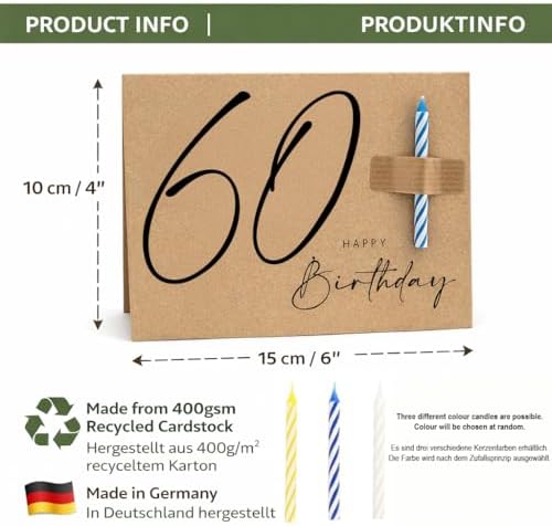 60th Birthday Card with Candle - A6 Folding Card Made from 400g Recycled Card with Real Candle and Kraft Envelope (60th Birthday) - View 4