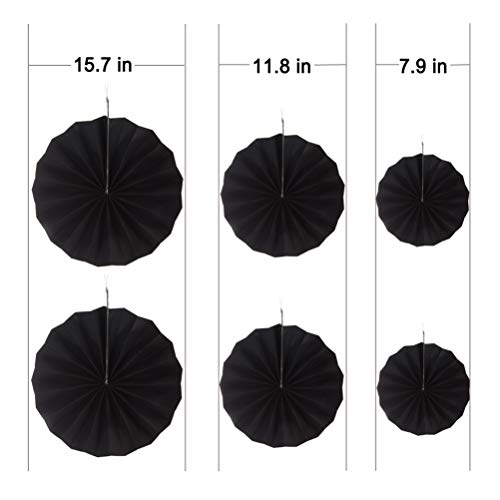 Image of MOWO Black Paper Fans Hanging Decoration, 6pc | birthday graduation wedding retirement baby shower new year halloween day party decoration