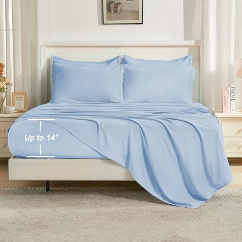 Image of Andency King Size Comforter Set with Sheets Light Blue - 7 Pieces Bed in a Bag Boho Soft Lightweight Bedding Sets, Tassel Bed Set with Comforter, Sheets, Pillowcases & Shams