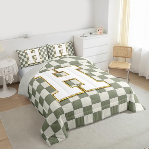 Image of Erosebridal Sage Green Checkered Bedding Set Full Plaid Initial H Comforter Set for Kids Adults Personalized Monogram Down Comforter,Fashion Grids Gingham Quilt Duvet
