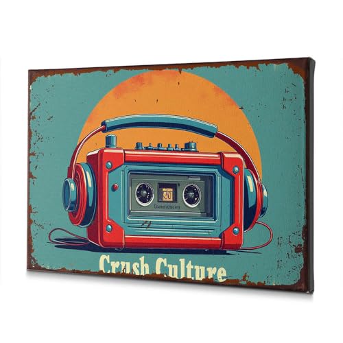 Toile vintage salle de bain boombox au coucher de soleil, grand tableau retro de 40 x 60 cm
