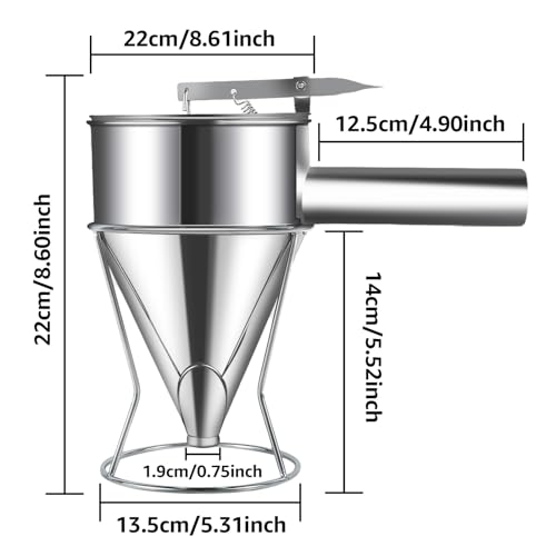 Stainless Steel Funnel Pancake Batter Dispenser Piston Funnel 1.2 L/40oz Octopus Balls Filling Funnels with 4 Silicone Funnel Mouth & Dust Lid & Handle & Holder for Baking Making Pancakes Cupcakes - Image 3