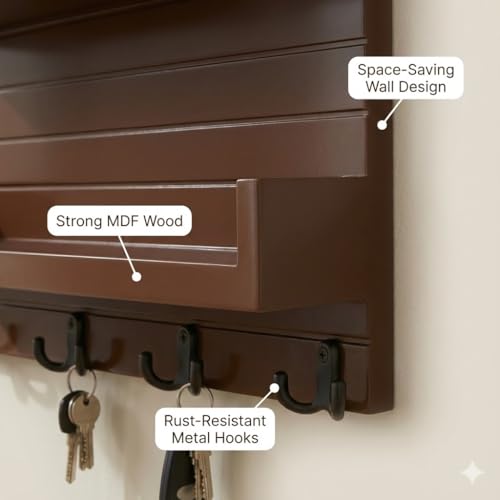 Image of Key Holder for Wall with Mail Shelf & 4 Hooks | Engineered Wood (Brown, 36D x 23W x 10H Centimeters)
