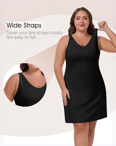 Image of Women's Plus Size Full Slip for Under Dresses V Neck Cami Dress Long Nightgown Black 20 Plus