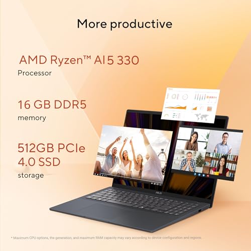 Image of ASUS Vivobook 16 Laptop - Copilot+ PC - 16 inch WUXGA 1920X1200 16:10 Display - AMD Ryzen AI 5 330-16GB RAM - 512GB SSD - Windows 11 Home - Quiet Blue -M1607KA-DH54