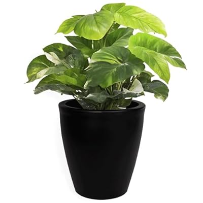 Elly Décor 17 inch Planter for Garden with Drainage, Large Round, Lightweight & Extremely Durable, Deck Indoor/Outdoor Plastic Pot, 17"x15"x9", Black