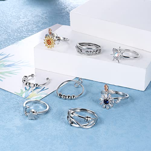 Sanfenly 8Pcs Anxiety Ring for Women Spinner Ring Adjustable Open Fidget Rings for Anxiety Cubic Zirconia Sunflower Daisy Star Moon Bead Stress Relief Spinning Stackable Ring Set with Box