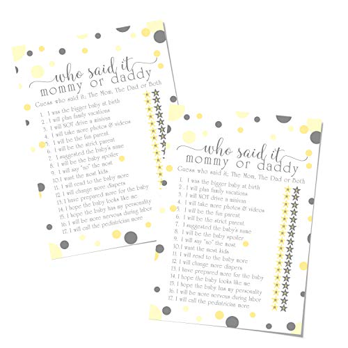 Yellow and Grey Mommy or Daddy Game Cards for Baby Shower (25 Pack) Guess Who Said It - Parents Guessing Activity for Guests Gender Reveal â€“ Mama to Bee Theme (5 x 7 Inches) Paper Clever Party