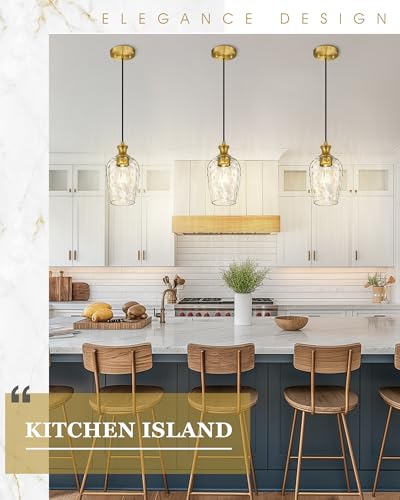 Image of Gold Pendant Lights Kitchen Island with Hammered Clear Glass