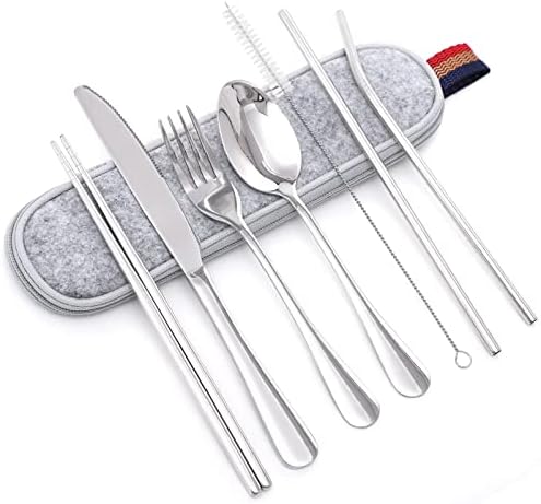 ZXZCTTC 8-Piece Stainless Steel Flatware set， Cutlery Set for Trip Camping,Dishwasher safe，including Knife Fork Spoon Chopsticks Cleaning Brush Straws with Portable Case，Not easy to fade (Silver)