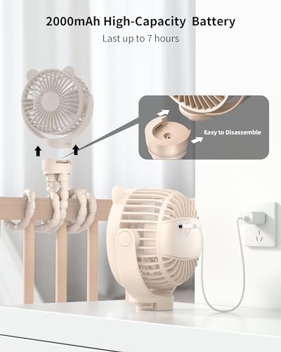 GOTOTO Baby Stroller Fan, Rechargeable Portable Fan with 2000 mAh Battery Operated,3 Wind Speed,360-Degree Rotation,Ultra-Low Noise Level,Safe mini fan for your baby