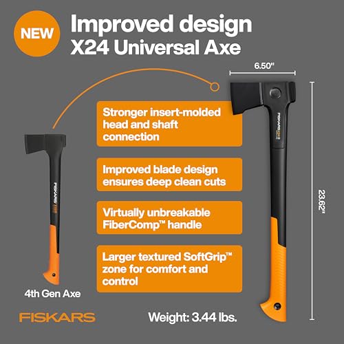 Image of Fiskars X24 Universal Axe 24 inch, Forged Steel Blade for Felling Trees & All-Purpose Chopping, Shock-Absorbing FiberComp Handle & Low-Friction Coating for Clean Cuts in Fresh Resinous Wood