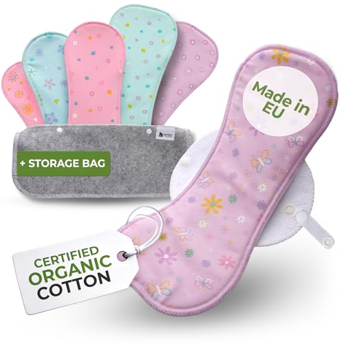 Compresas Reutilizables Ecológicas de Algodón Orgánico; 6-Pack (tamaños L+XL) Compresas de Tela Lavables HECHAS EN LA UE; Compresas Tela Mujer Organico alas para menstruación, postparto, incontinencia