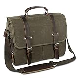 Wogarl 15.6 Inch Messenger Bag for Men: Genuine Leather Waxed Canvas Briefcase Large Computer Laptop Bag, Satchel Shoulder Handbags Crossbody Bags for Work (Green)