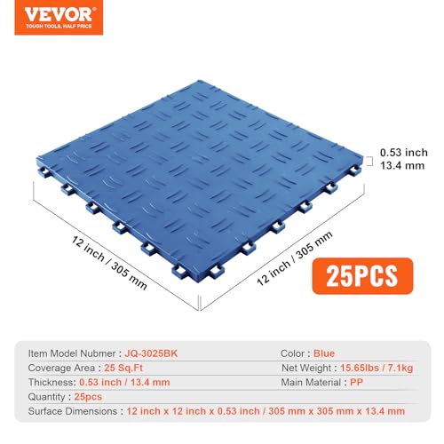 Image of VEVOR Garage Floor Tiles 12 x 12 x 0.53 inch, Interlocking Design Ease of Installation Double-Sided Texture Non-Slip Sturdiness, for Garages, Basements, Repair Shops, Blue, 25 Pack | Easy Installation Double-Sided Texture Non-Slip Sturdiness, Polypropylene for Garages, Basements, Repair Shops, Blue, 25 Pack