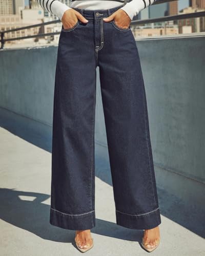 Yewfirm Wide Leg Jeans Woman Stretch High Waisted Straight Leg Bell Bottom Jeans for Women Indigo Blue Size 4 — view 3