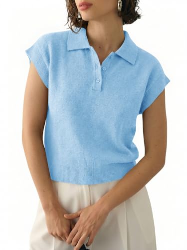 Image of Saodimallsu Womens Cap Short Sleeve Sweater Top Summer Polo Shirts Button Collared Knit Business Casual Pullover Sweater