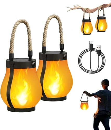 Kaliqo Waterproof Solar Lanterns - USB Rechargeable with Realistic 3D Flickering Flame Boho Design Perfect for Patio & Yard Decor (Set of 2) Flame 2 Pcs