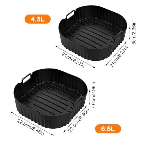 2 Stück Airfryer Silikonform Heißluftfritteuse Zubehör für Cosori Turbo Tower 10,8L, Air Fryer Silikon Einsatz 6.5L+4.3L, Wiederverwendbar anstelle Backpapier für Heißluftfritteuse Zubehör (Schwarz)