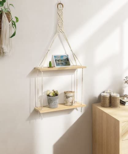 Afuly Macrame Hanging Shelves Wall Floating Shelf Natural Wood Chic Boho Decor 2 Tiers Pine Wood Cotton Rope Beige For Bedroom Bathroom Living Room Decor Ready To Hang, Beige #TOP1