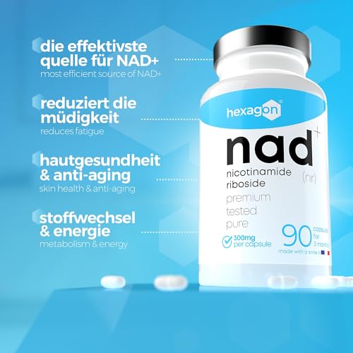 NAD+ Nicotinamide Riboside Chloride 300mg - +3 Monate Kur - NAD Booster - Anti-Aging & Gegen Müdigkeit - Made in France - 90 Vegetarische Kapseln - Vegan - Hexagon