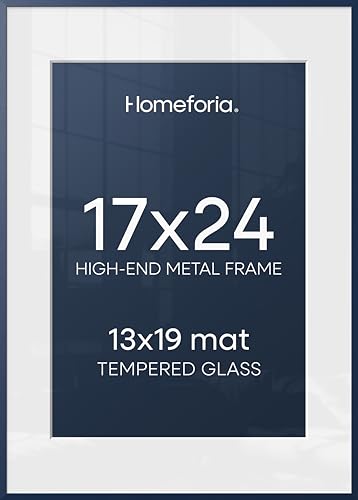Image of Homeforia 17x24 Picture Frame Navy Blue, High End Metal 17x24 Poster Frames with Mat 13x19 Photo, 17 x 24 Navy Blue Frame Matted to 13 by 19 Print, 24x17 Thin Frame, Tempered Glass, Wall Kit, Set of 1