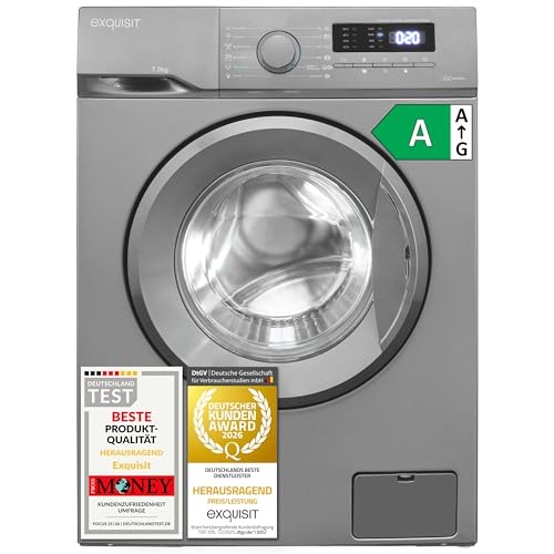 Exquisit Waschmaschine 7 kg schmal 45 cm | Energieklasse A | 1400 U/min | Startzeitvorwahl | Restlaufanzeige | leise 76 dB | freistehend | Aquatop | WA57014-021A inoxlook-az